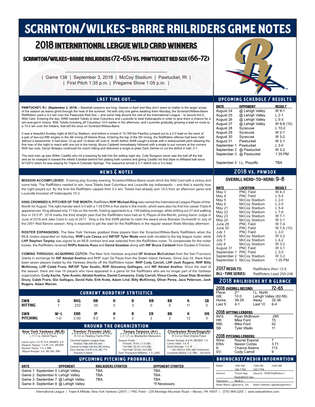 Scranton/Wilkes-Barre Railriders Game Notes 2018 International League Wild Card Winners Scranton/Wilkes-Barre Railriders (72-65) Vs