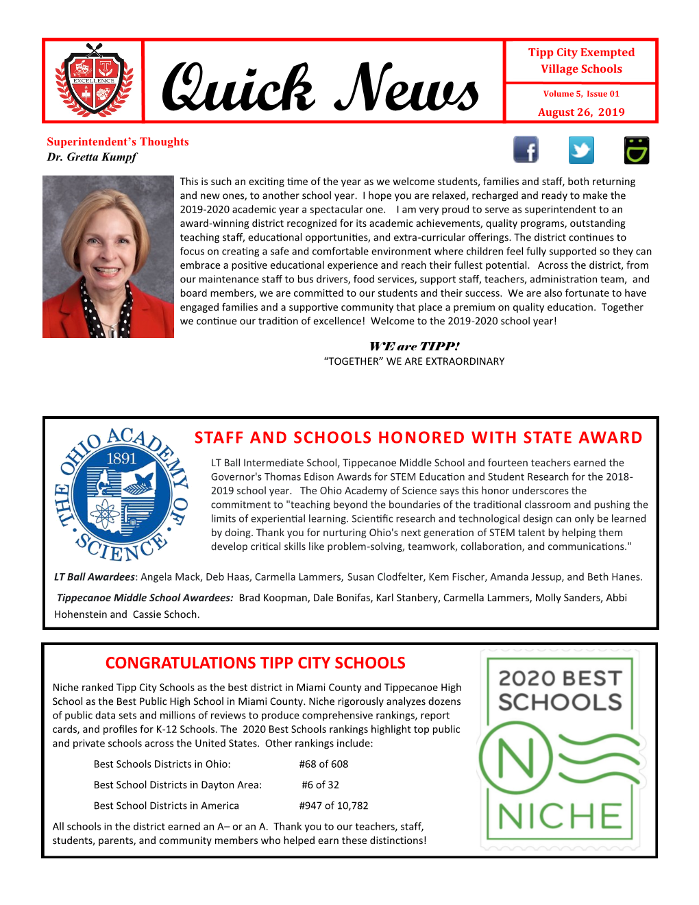 Quick News August 26, 2019 Superintendent’S Thoughts Dr