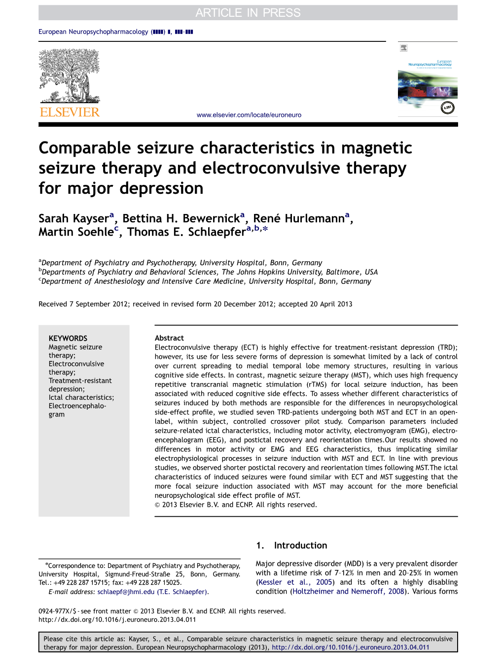 Comparable Seizure Characteristics in Magnetic Seizure Therapy and Electroconvulsive Therapy for Major Depression