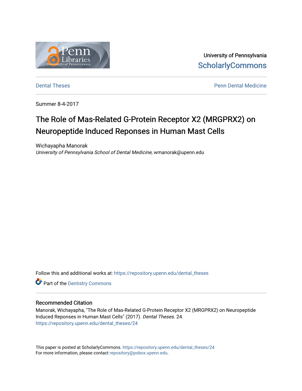 The Role of Mas-Related G-Protein Receptor X2 (MRGPRX2) on Neuropeptide Induced Reponses in Human Mast Cells