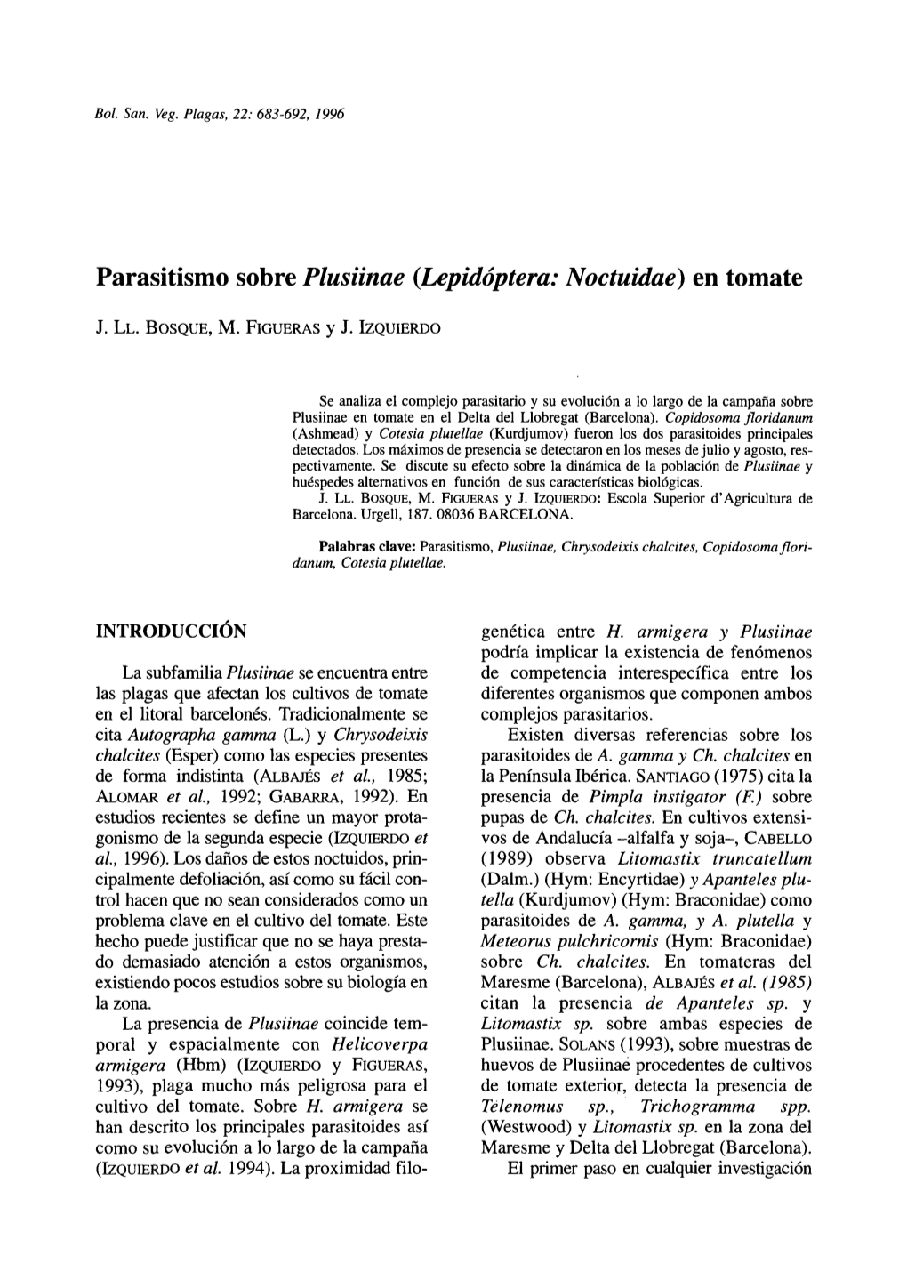 Parasitismo Sobre Plusiinae (Lepidóptera: Noctuidae) En Tomate