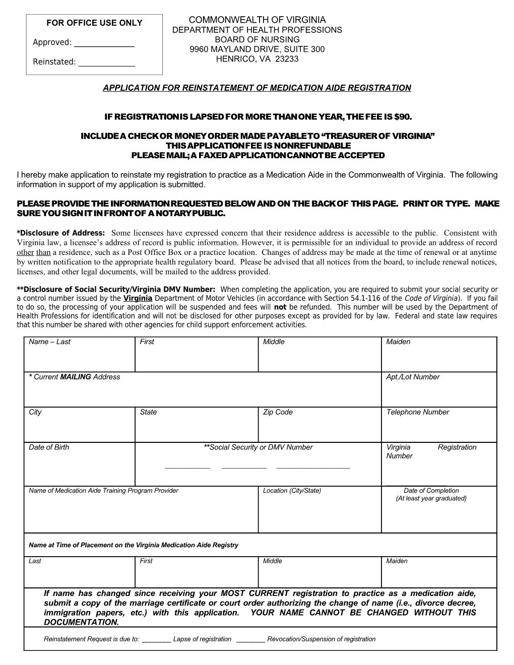 Nursing-Applicatoin for Reinstatement of Medication Aide Registration