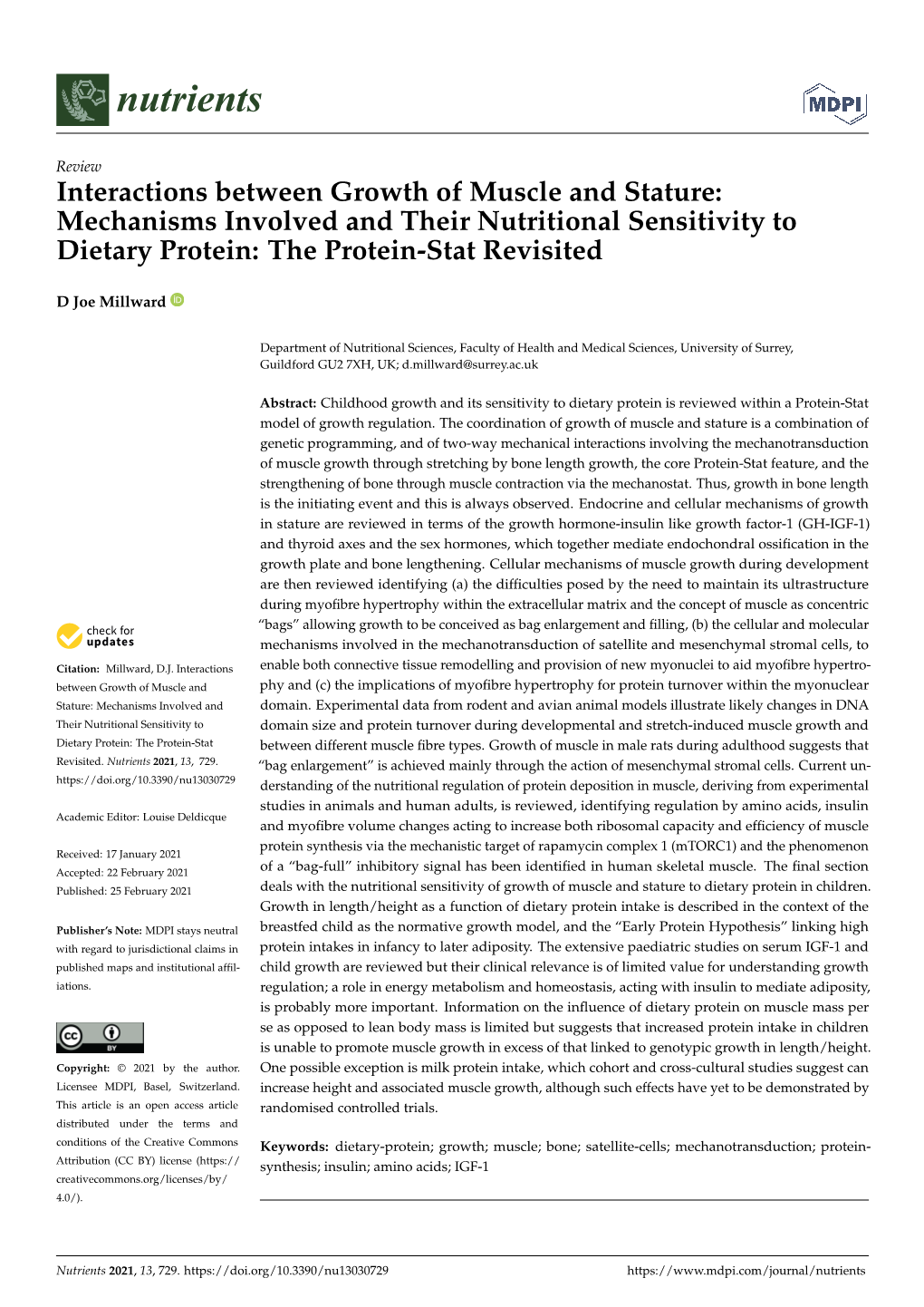 Interactions Between Growth of Muscle and Stature: Mechanisms Involved and Their Nutritional Sensitivity to Dietary Protein: the Protein-Stat Revisited