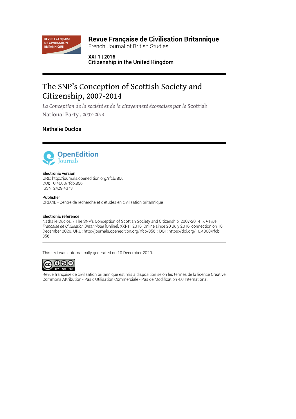 Revue Française De Civilisation Britannique, XXI-1 | 2016 the SNP’S Conception of Scottish Society and Citizenship, 2007-2014 2