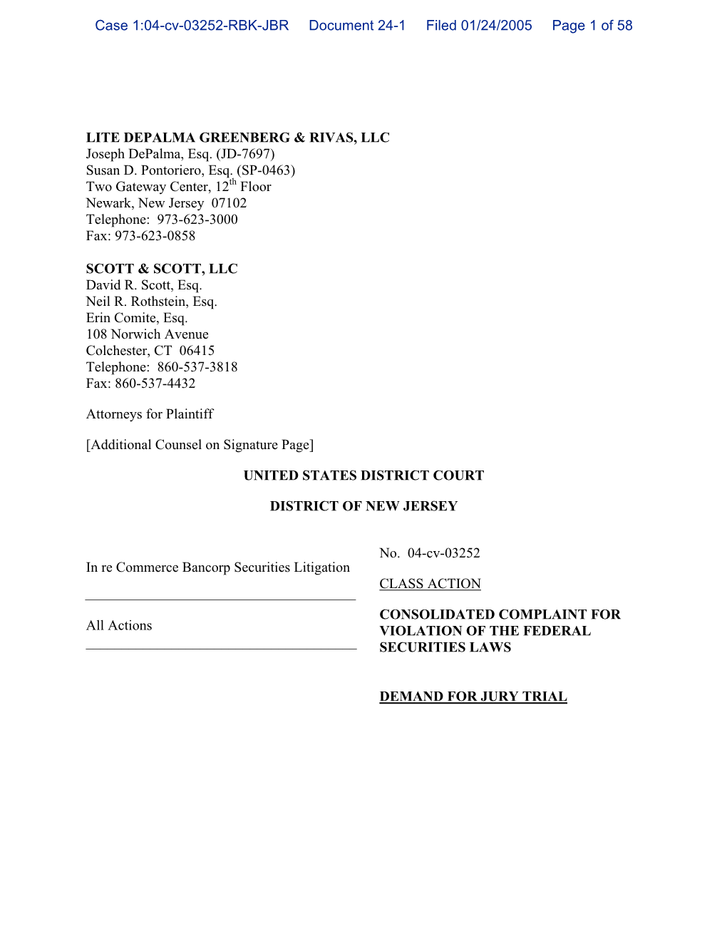In Re: Commerce Bancorp Securities Litigation 04-CV-03252