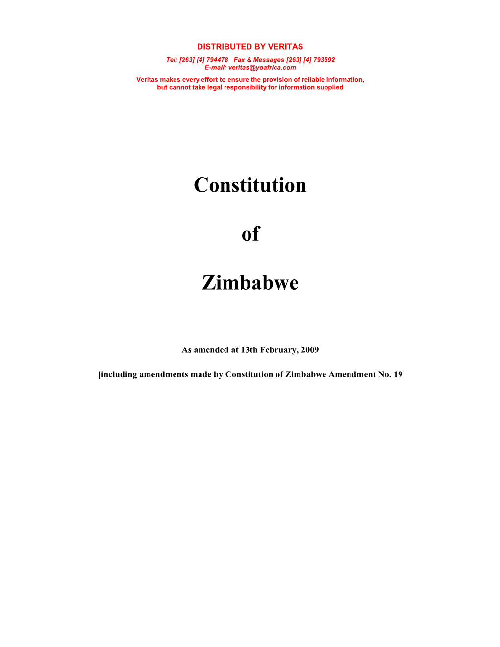 Constitution of Zimbabwe Amendment No