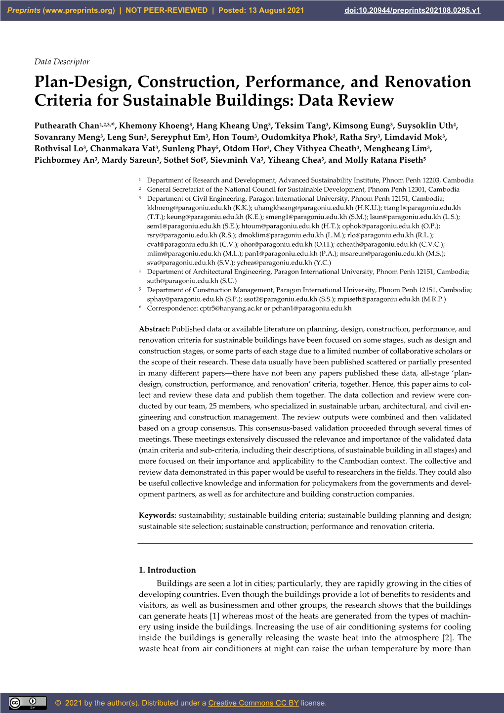 Plan-Design, Construction, Performance, and Renovation Criteria for Sustainable Buildings: Data Review