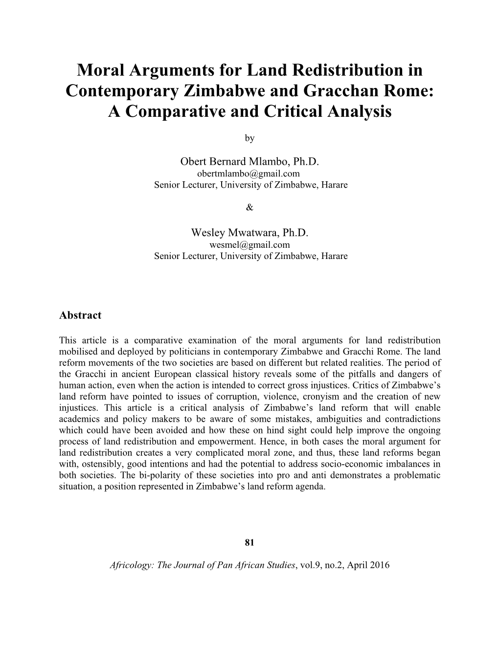 Moral Arguments for Land Redistribution in Contemporary Zimbabwe and Gracchan Rome: a Comparative and Critical Analysis