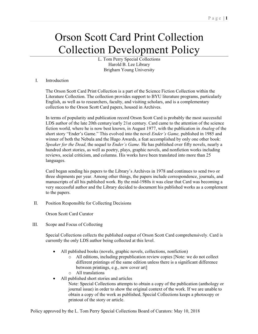 Orson Scott Card Print Collection Collection Development Policy L