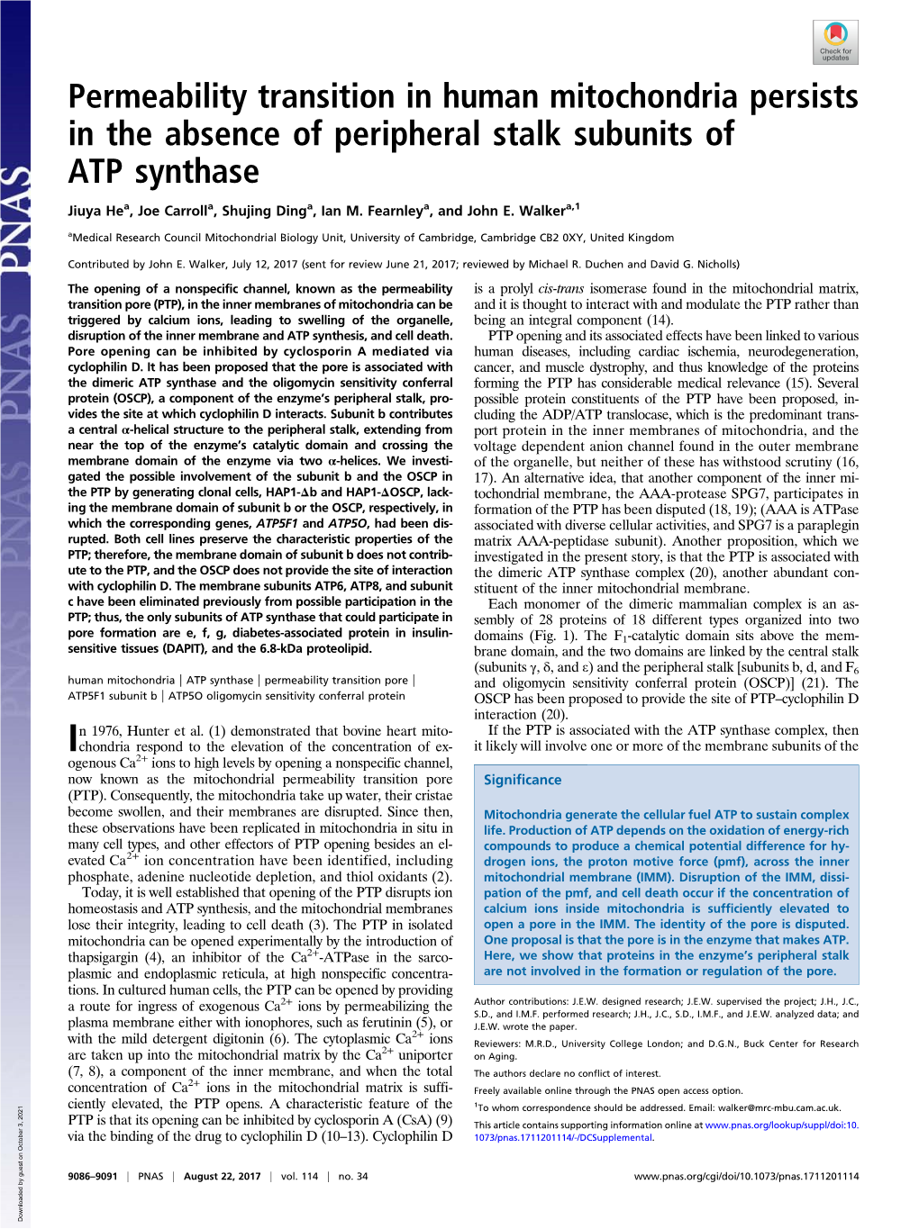 Permeability Transition in Human Mitochondria Persists in the Absence of Peripheral Stalk Subunits of ATP Synthase