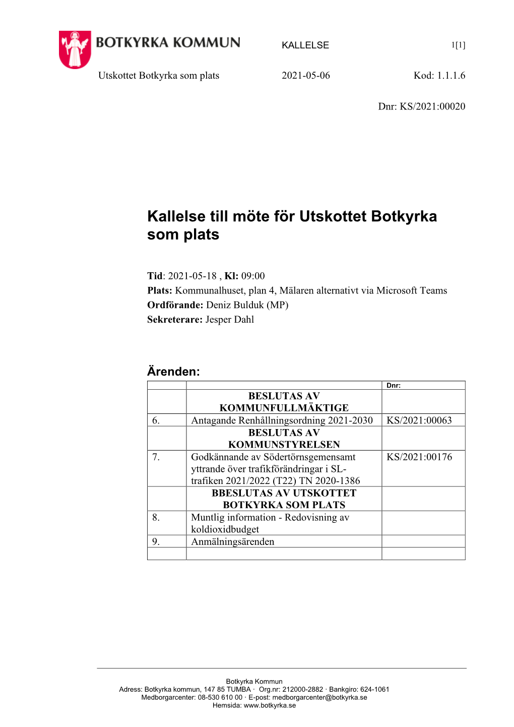 Kallelse Till Möte För Utskottet Botkyrka Som Plats