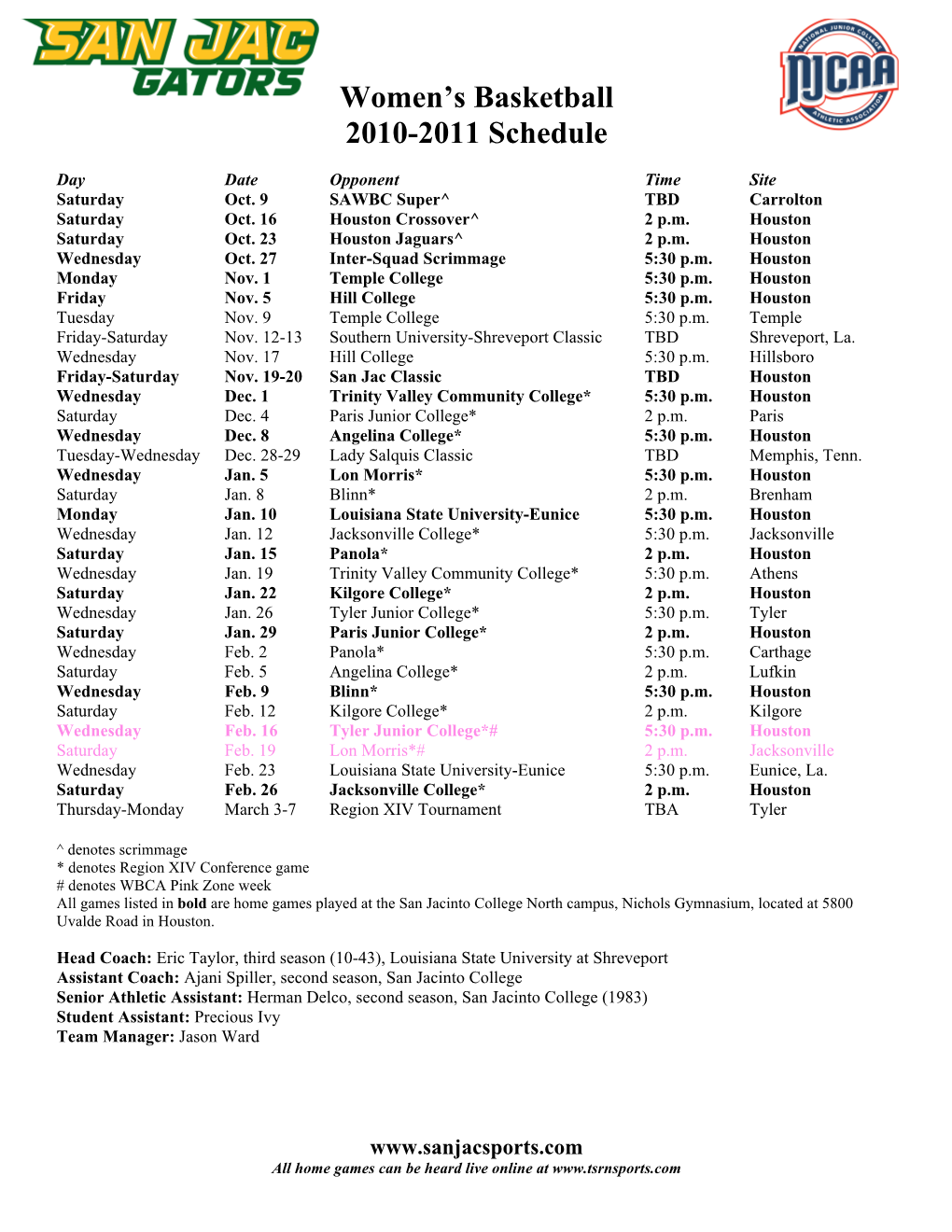 Women's Basketball 2010-2011 Schedule