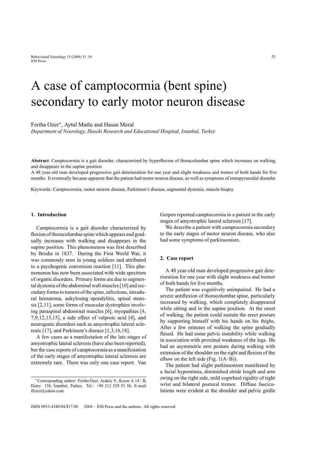 A Case of Camptocormia (Bent Spine) Secondary to Early Motor Neuron Disease