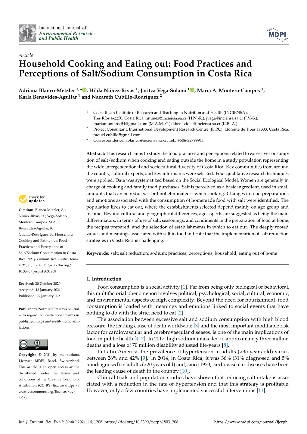 Household Cooking and Eating Out: Food Practices and Perceptions of Salt/Sodium Consumption in Costa Rica