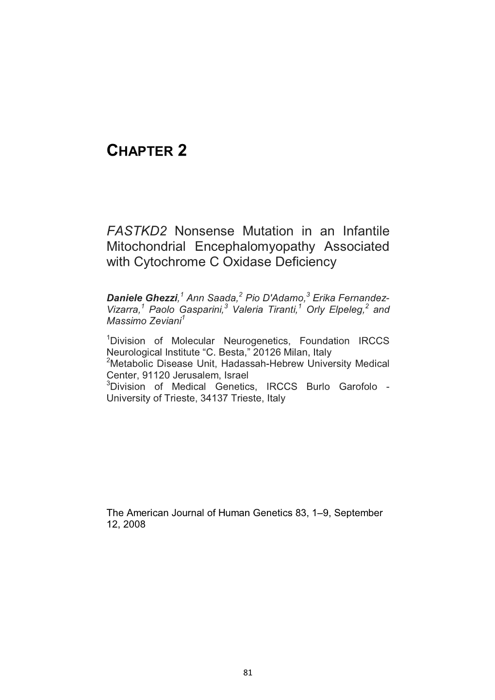 FASTKD2 Nonsense Mutation in an Infantile Mitochondrial Encephalomyopathy Associated with Cytochrome C Oxidase Deficiency