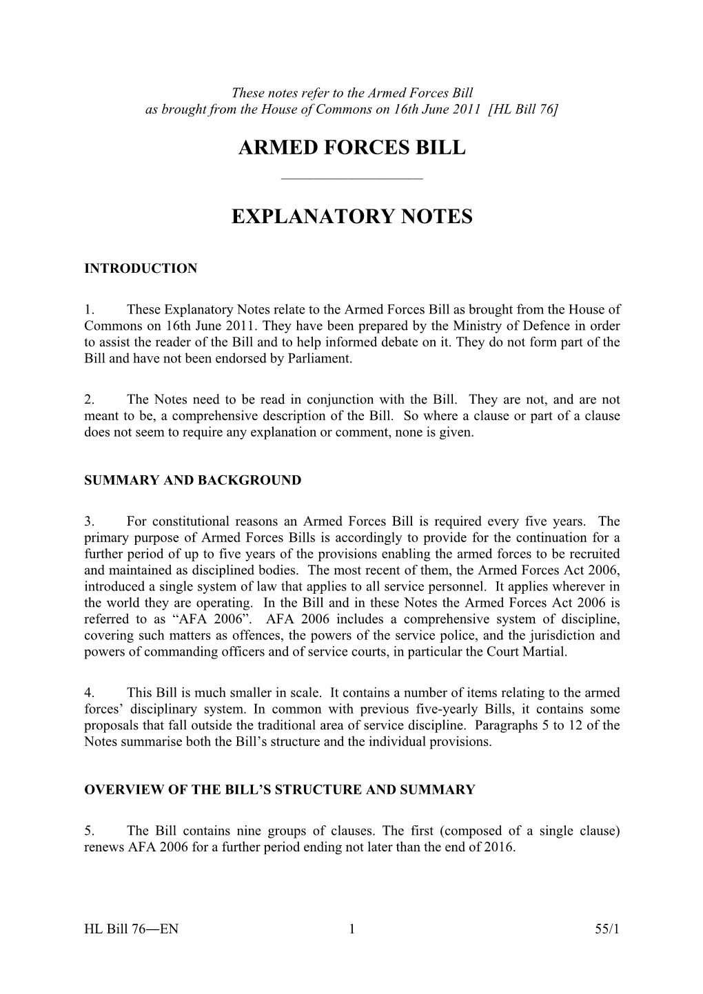 Armed Forces Bill Explanatory Notes