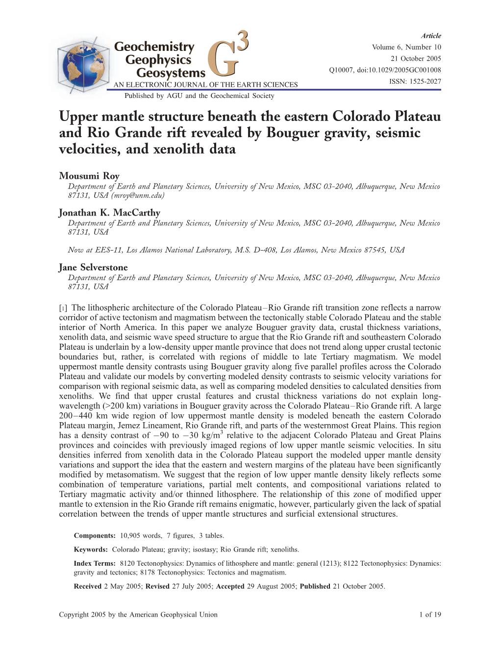 Upper Mantle Structure Beneath the Eastern Colorado Plateau and Rio Grande Rift Revealed by Bouguer Gravity, Seismic Velocities, and Xenolith Data