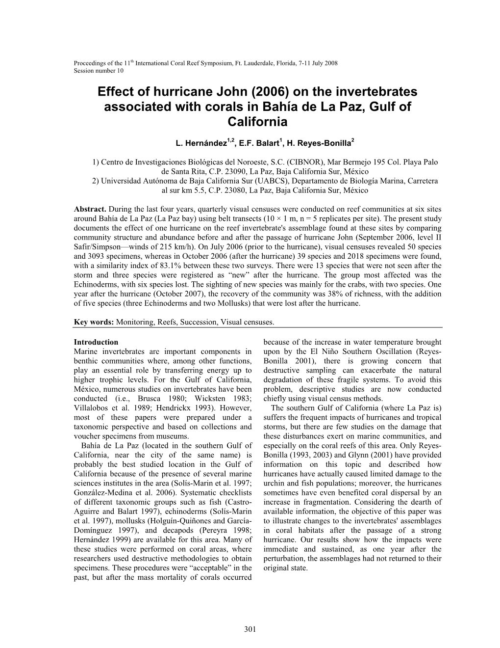 Effect of Hurricane John (2006) on the Invertebrates Associated with Corals in Bahía De La Paz, Gulf of California