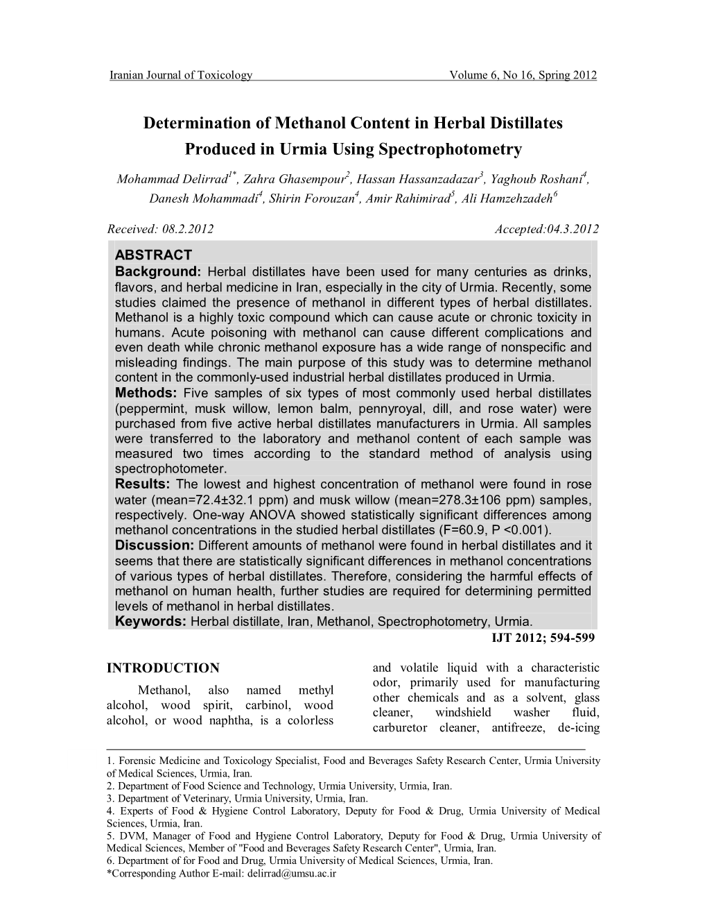 Determination of Methanol Content in Herbal Distillates Produced in Urmia Using Spectrophotometry