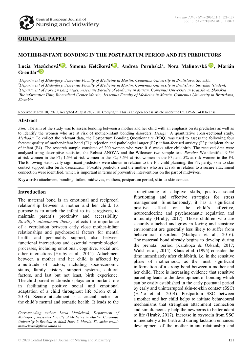 Mother-Infant Bonding in the Postpartum Period and Its Predictors