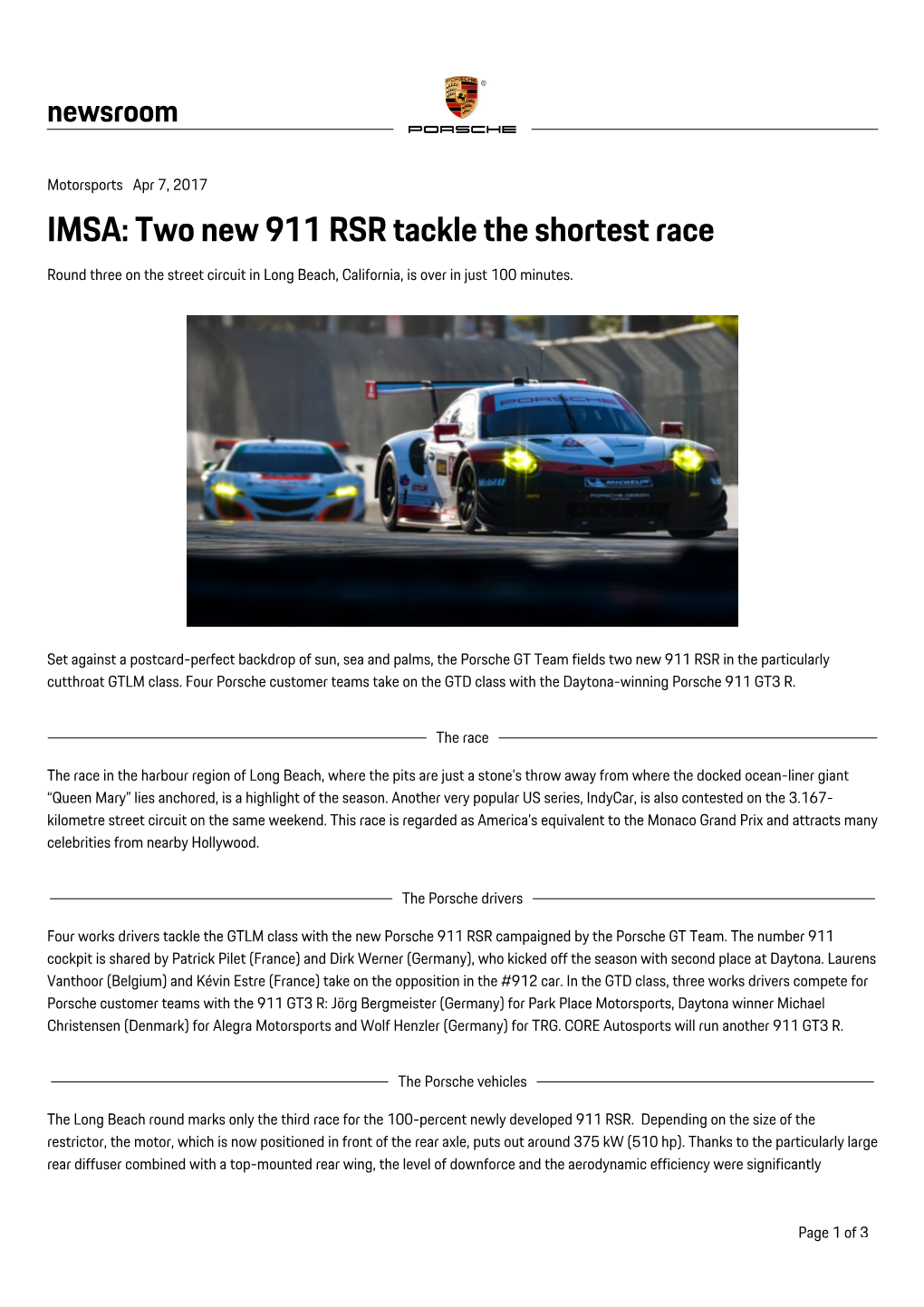 IMSA: Two New 911 RSR Tackle the Shortest Race Round Three on the Street Circuit in Long Beach, California, Is Over in Just 100 Minutes