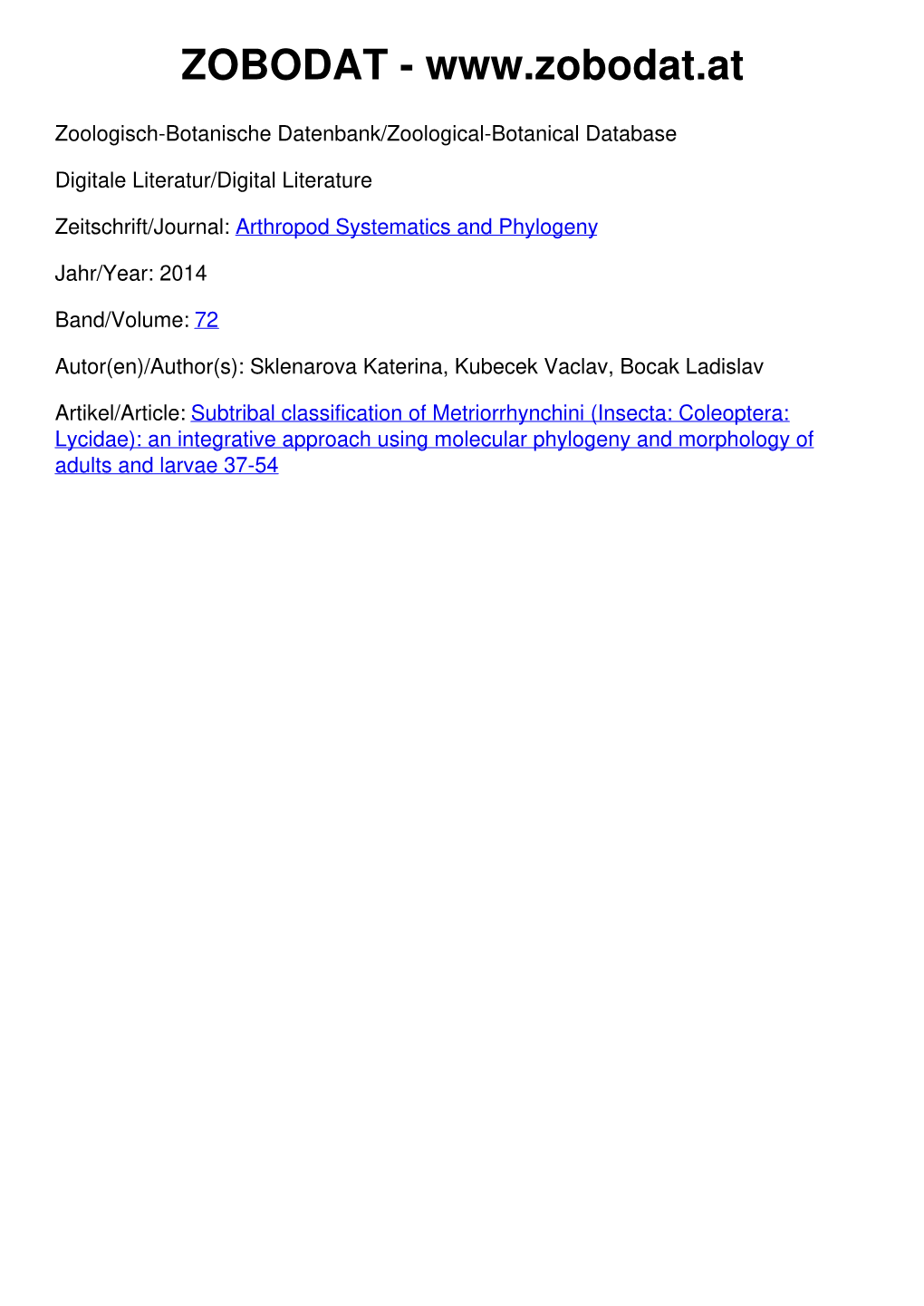 Subtribal Classification of Metriorrhynchini