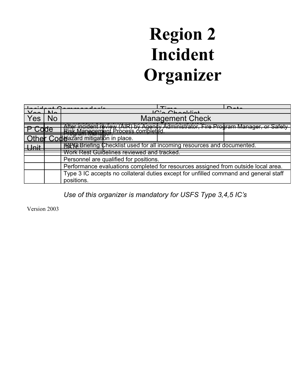 Incident Name Incident Number P Code Other Code Unit Incident Commander/S / Time / Date