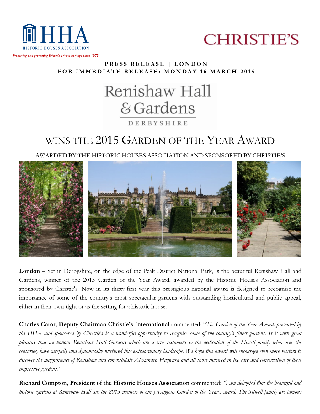 Wins the 2015 Garden of the Year Award