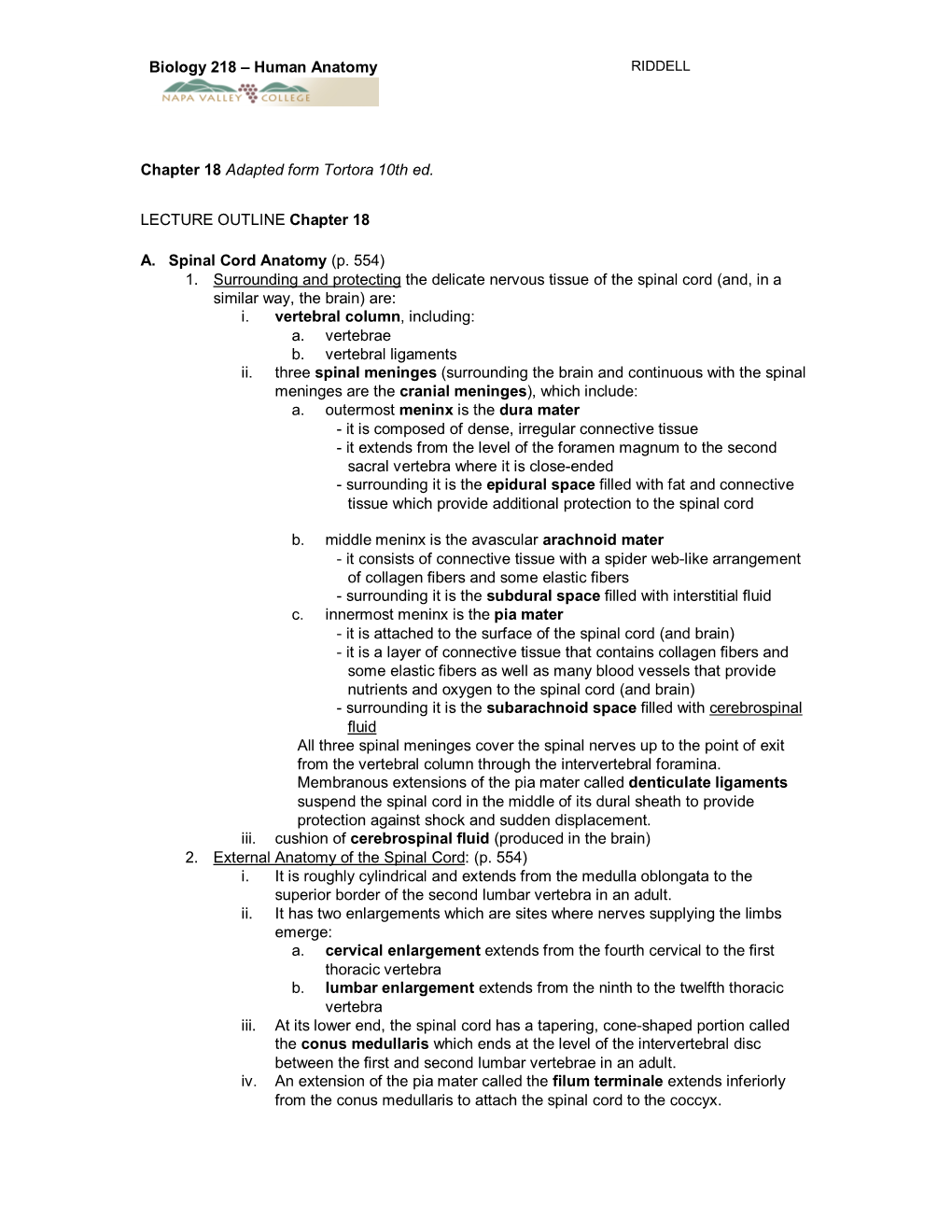 Biology 218 – Human Anatomy Chapter 18 Adapted Form Tortora