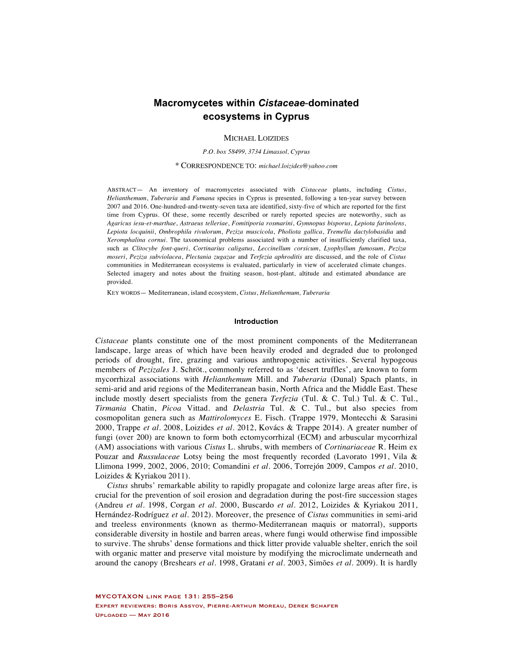 Macromycetes Within Cistaceae Dominated Ecosystems in Cyprus