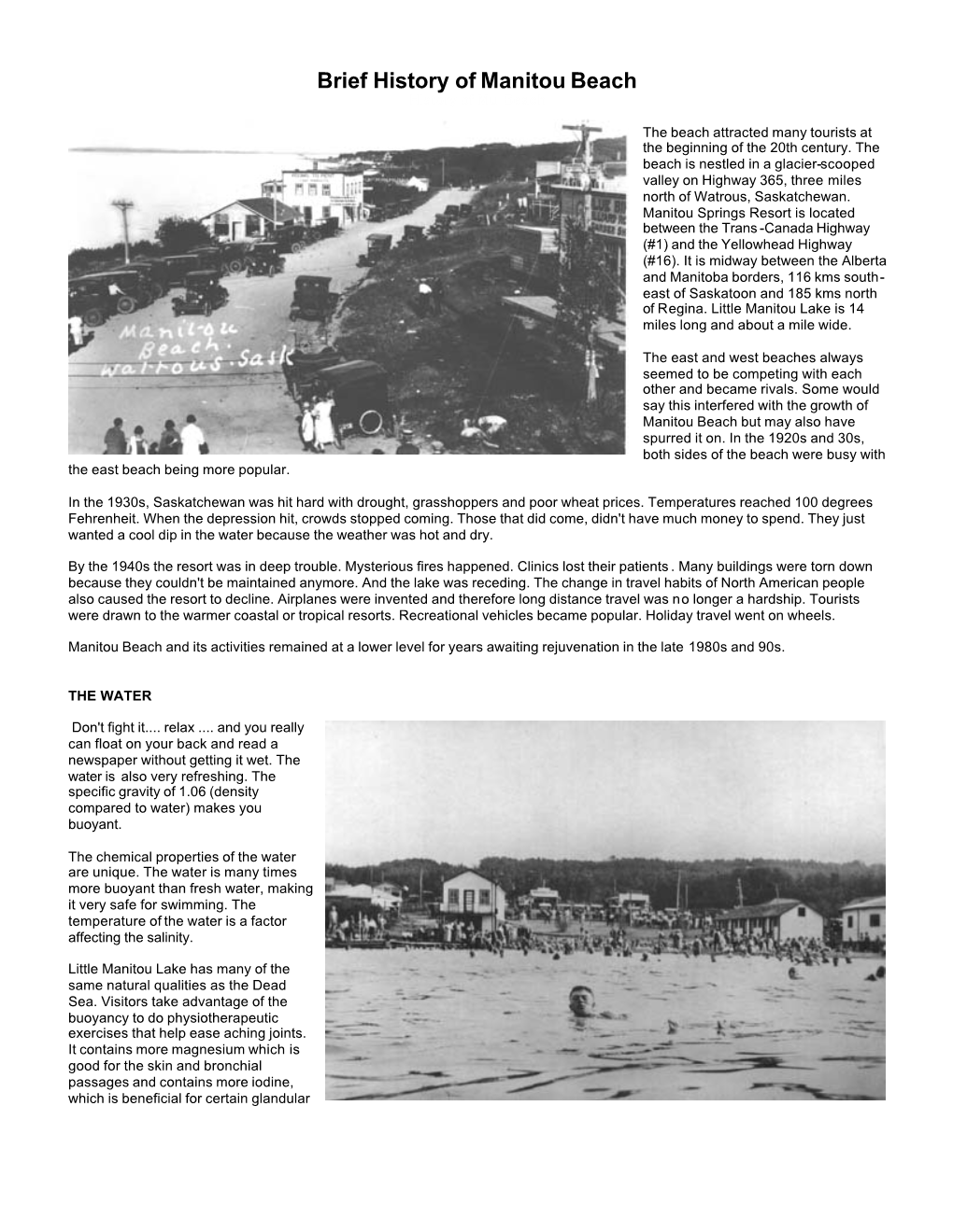 Brief History of Manitou Beach History of Mu Beach
