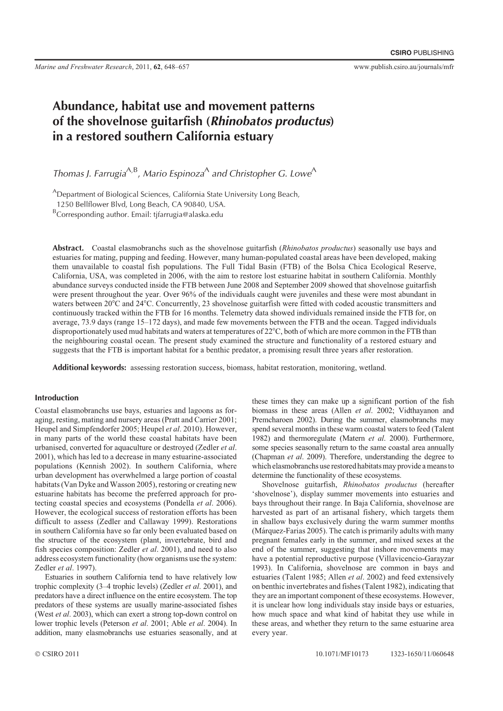 Abundance, Habitat Use and Movement Patterns of the Shovelnose Guitarfish (Rhinobatos Productus) in a Restored Southern California Estuary