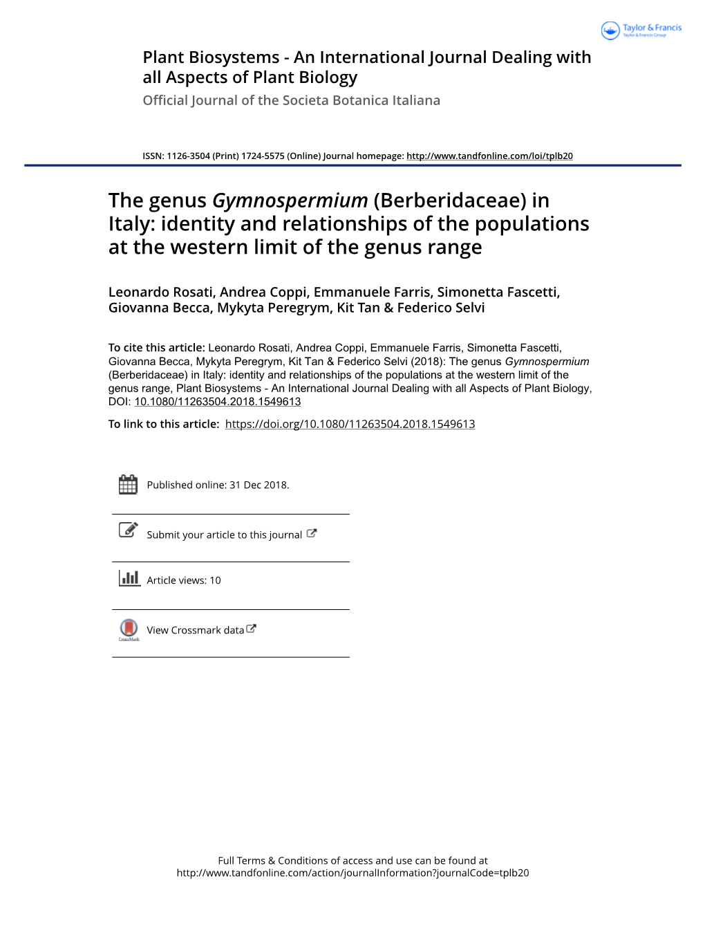 The Genus Gymnospermium (Berberidaceae) in Italy: Identity and Relationships of the Populations at the Western Limit of the Genus Range