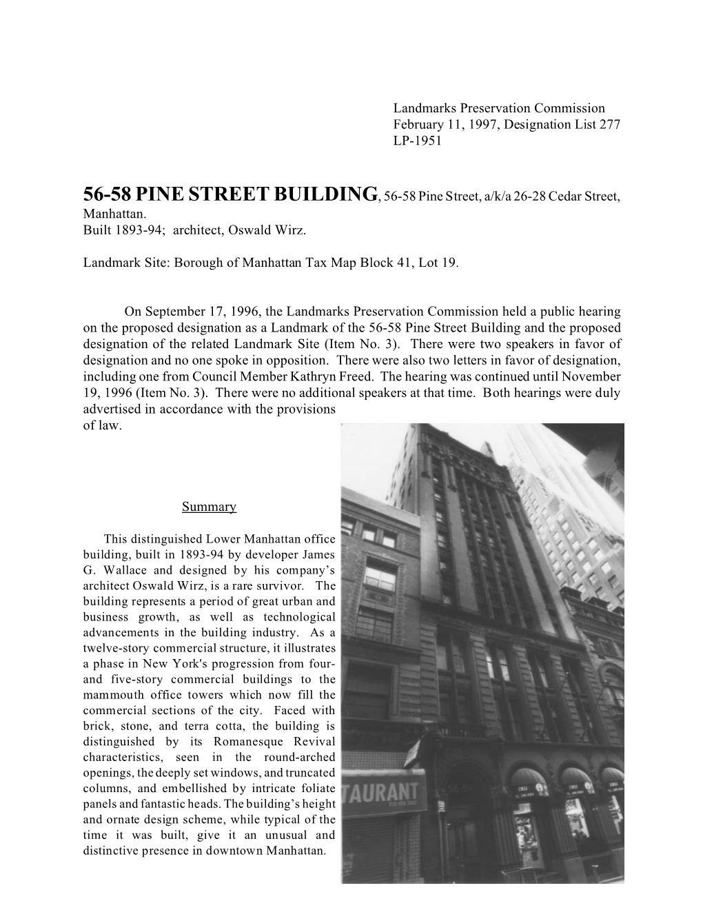 56-58 Pine Street Building Designation Report