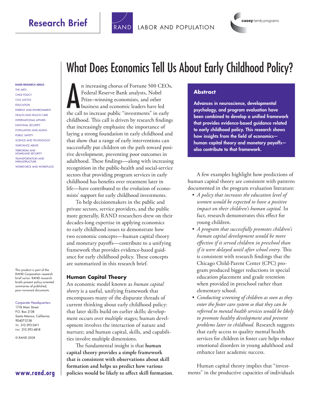 What Does Economics Tell Us About Early Childhood Policy?