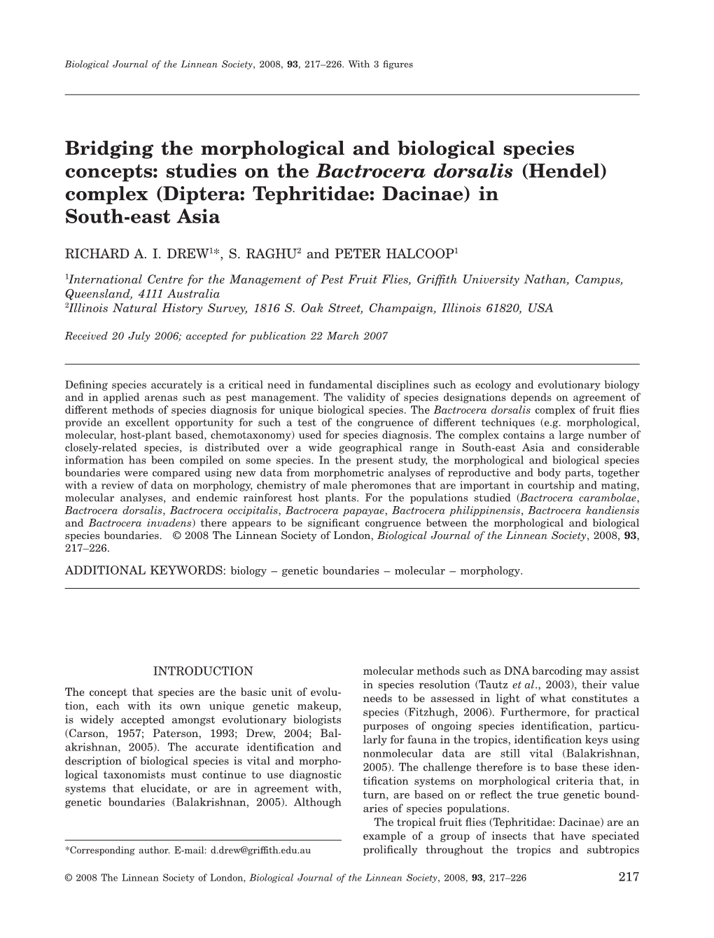 Bridging the Morphological and Biological Species Concepts: Studies on the Bactrocera Dorsalis (Hendel) Complex (Diptera: Tephritidae: Dacinae) in South-East Asia