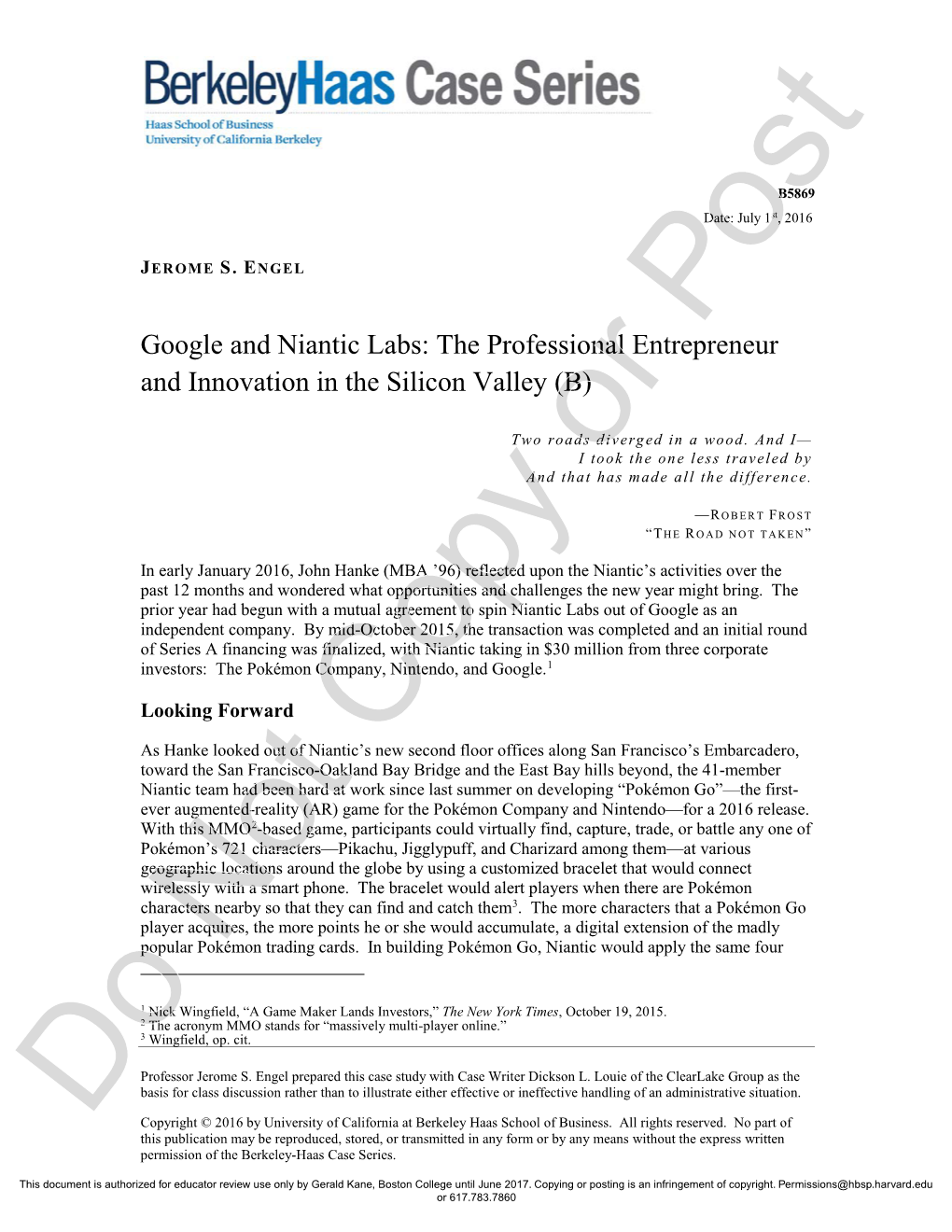 Google and Niantic Labs: the Professional Entrepreneur and Innovation in the Silicon Valley (B)