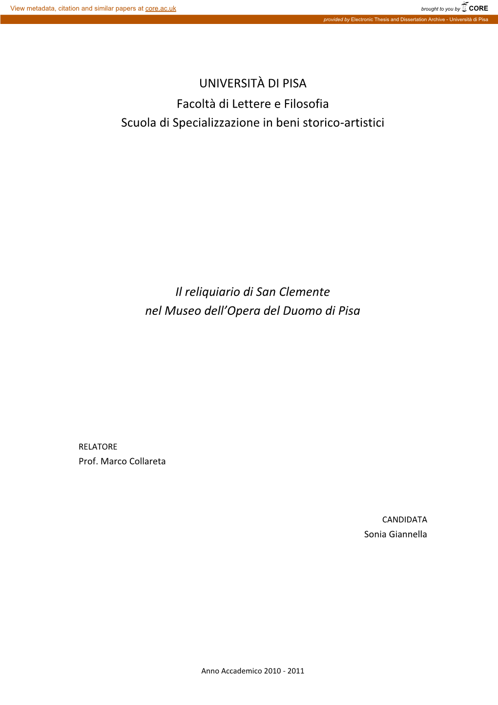 UNIVERSITÀ DI PISA Facoltà Di Lettere E Filosofia Scuola Di Specializzazione in Beni Storico-Artistici