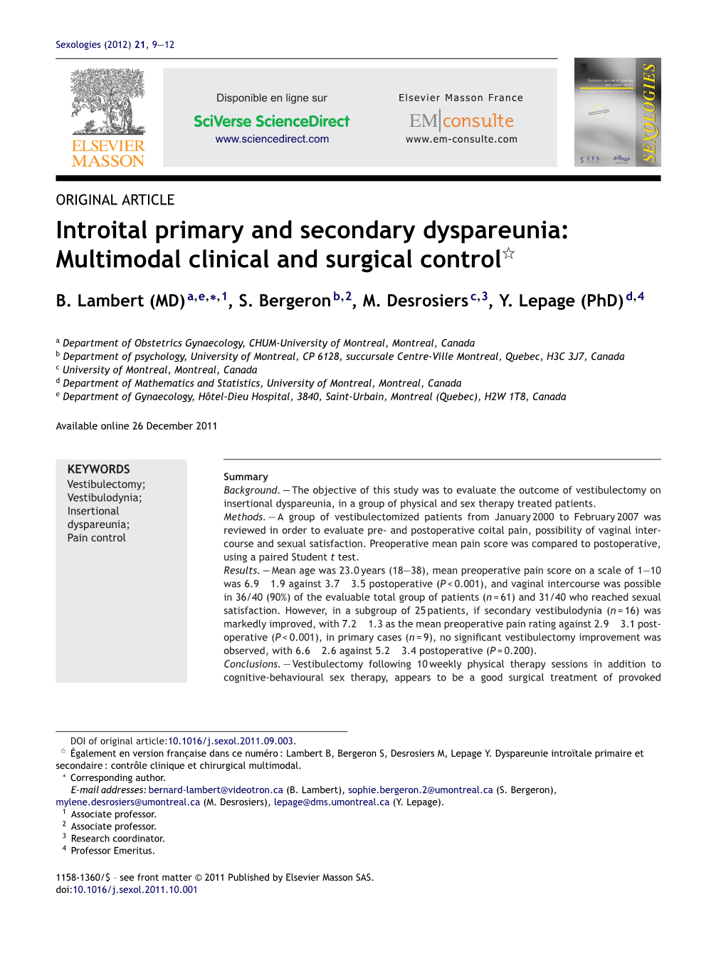 Introital Primary and Secondary Dyspareunia