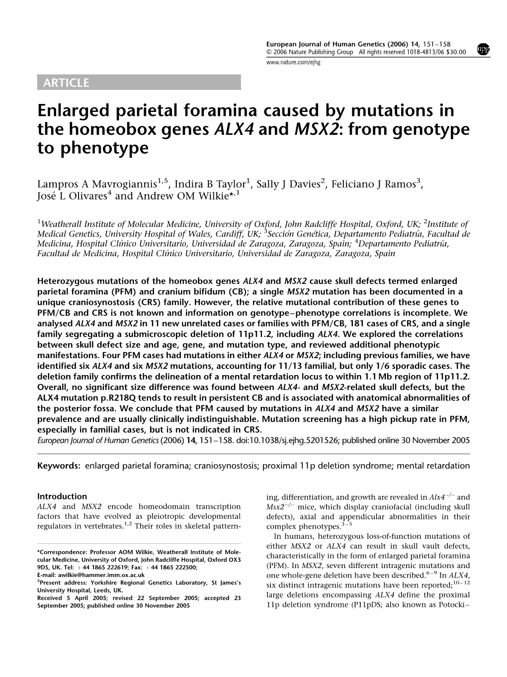 Enlarged Parietal Foramina Caused by Mutations in the Homeobox Genes ALX4 and MSX2: from Genotype to Phenotype