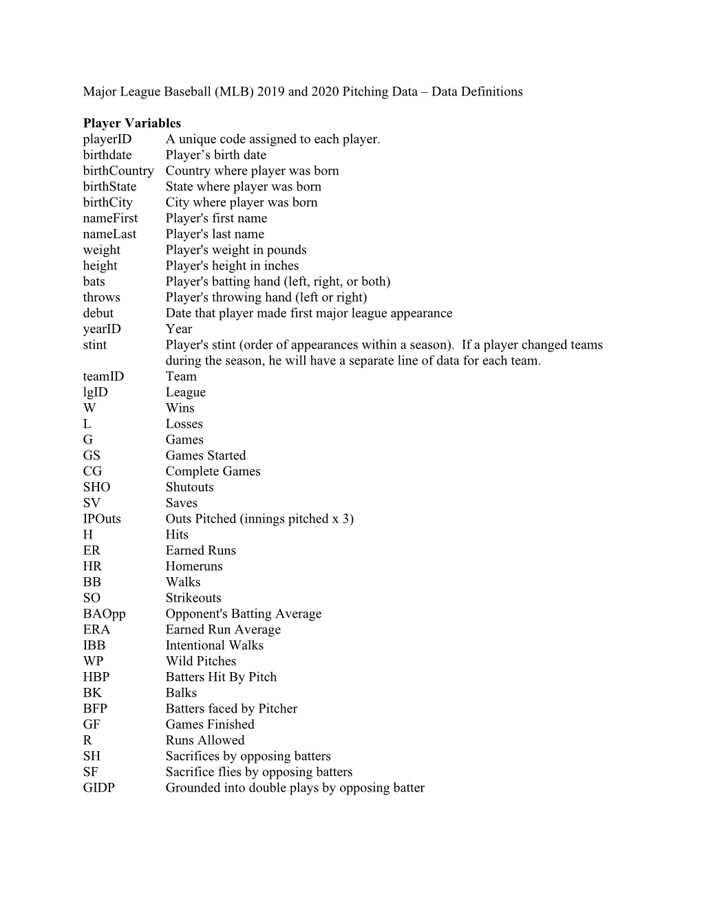 Major League Baseball (MLB) 2019 and 2020 Pitching Data – Data Definitions