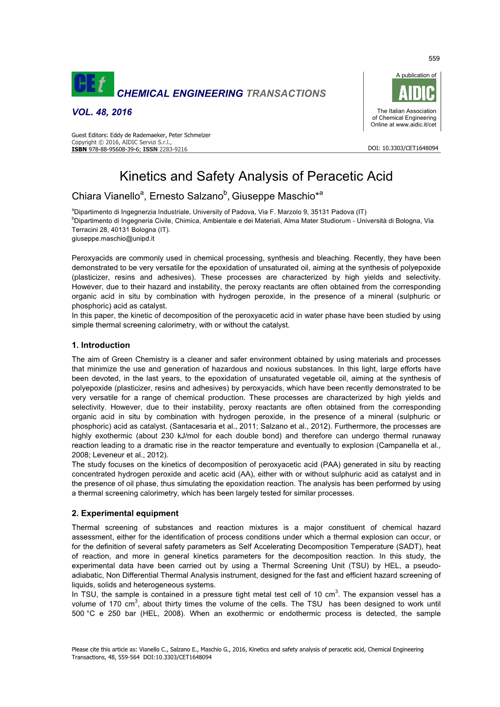 Kinetics and Safety Analysis of Peracetic Acid