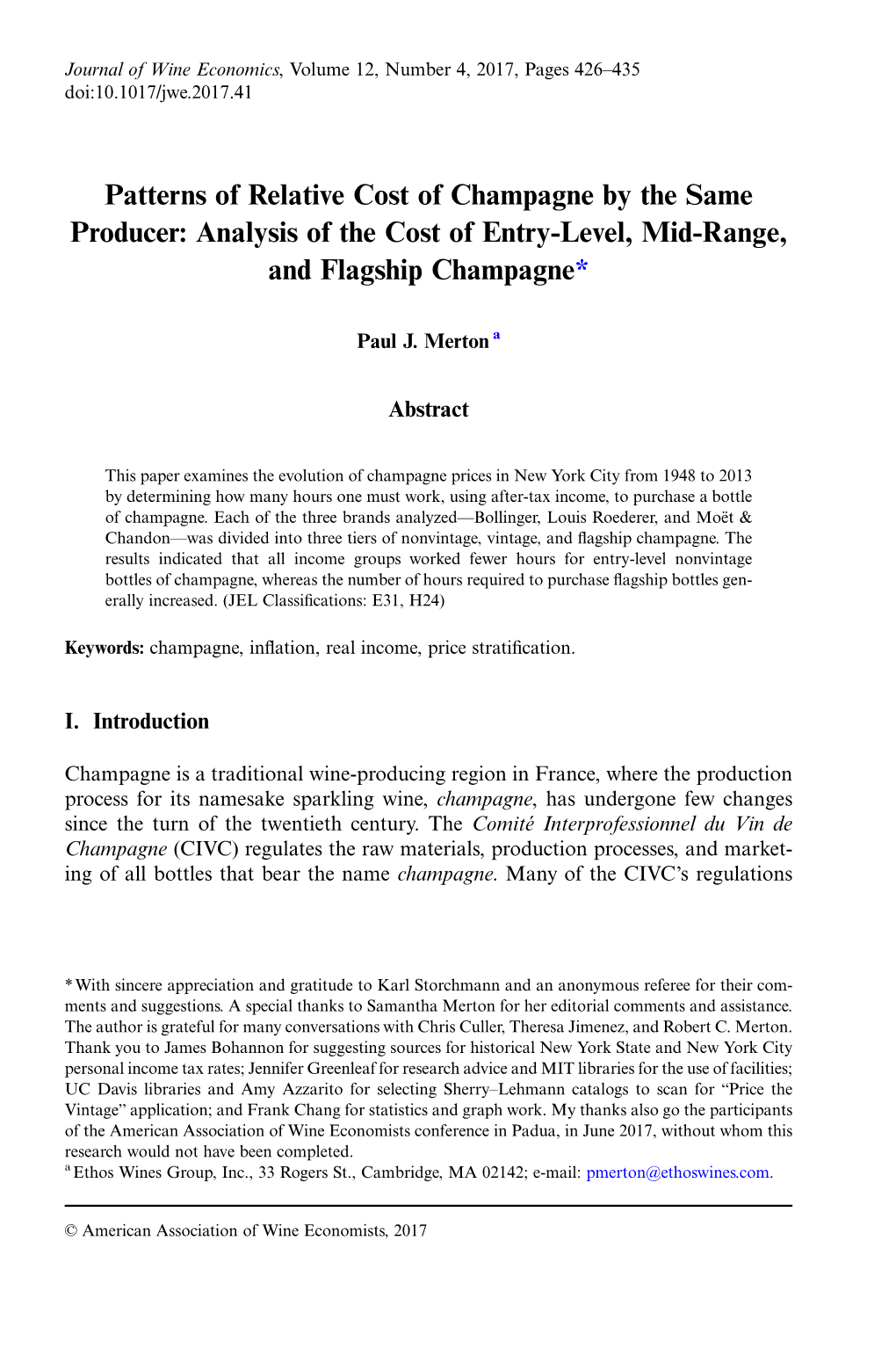 Patterns of Relative Cost of Champagne by the Same Producer: Analysis of the Cost of Entry-Level, Mid-Range, and Flagship Champagne*