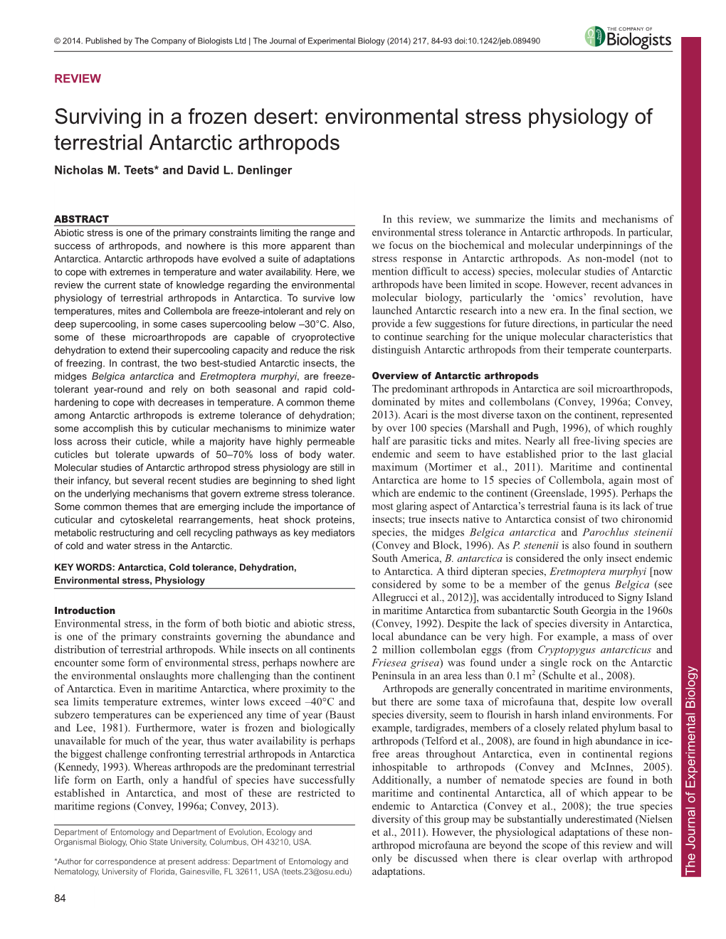 Environmental Stress Physiology of Terrestrial Antarctic Arthropods