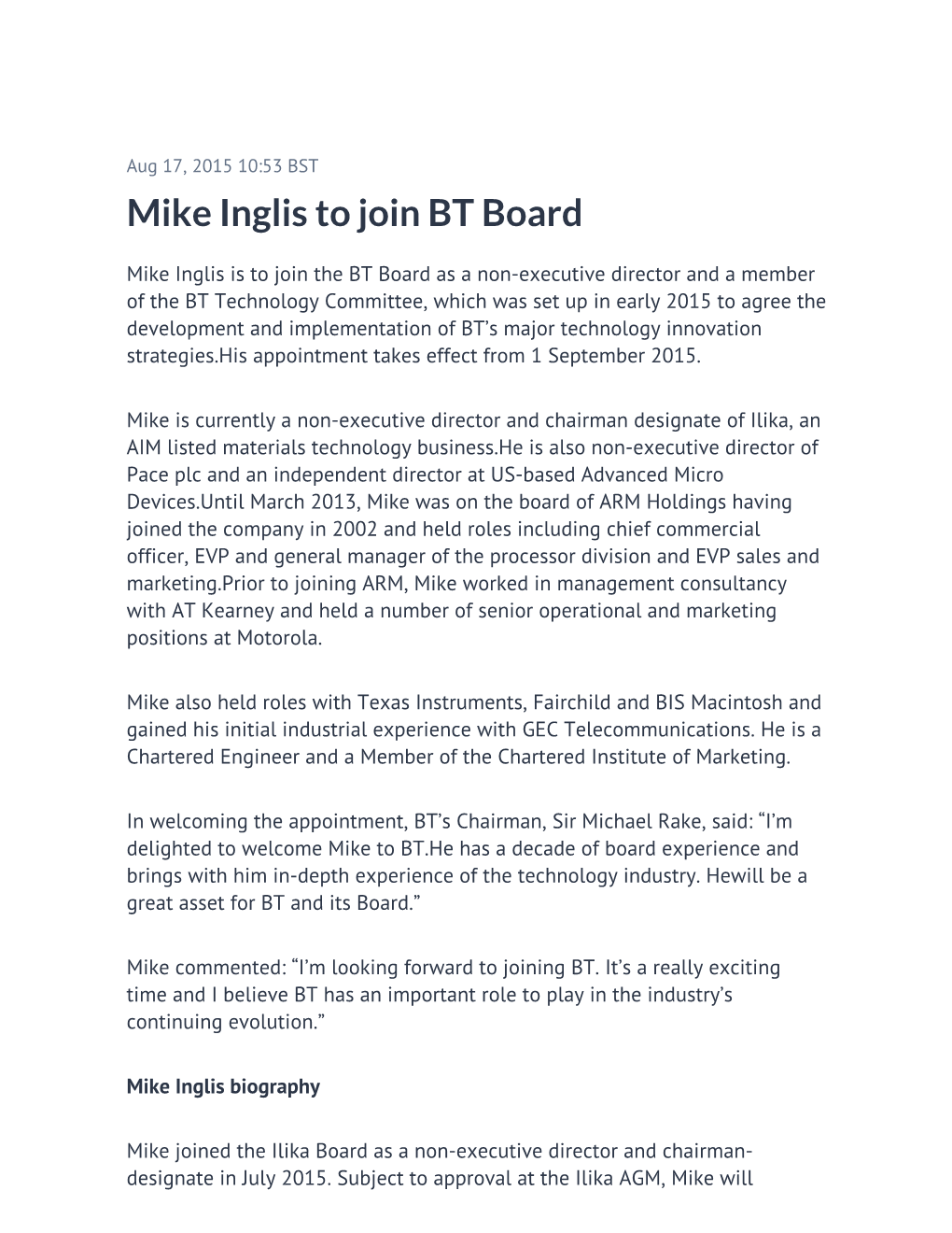 Mike Inglis to Join BT Board