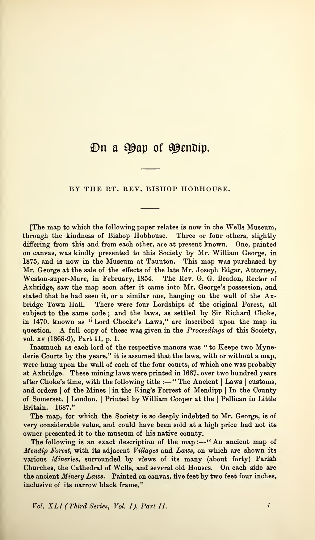 Hobhouse, H, on a Map of Mendip, Part II, Volume 41