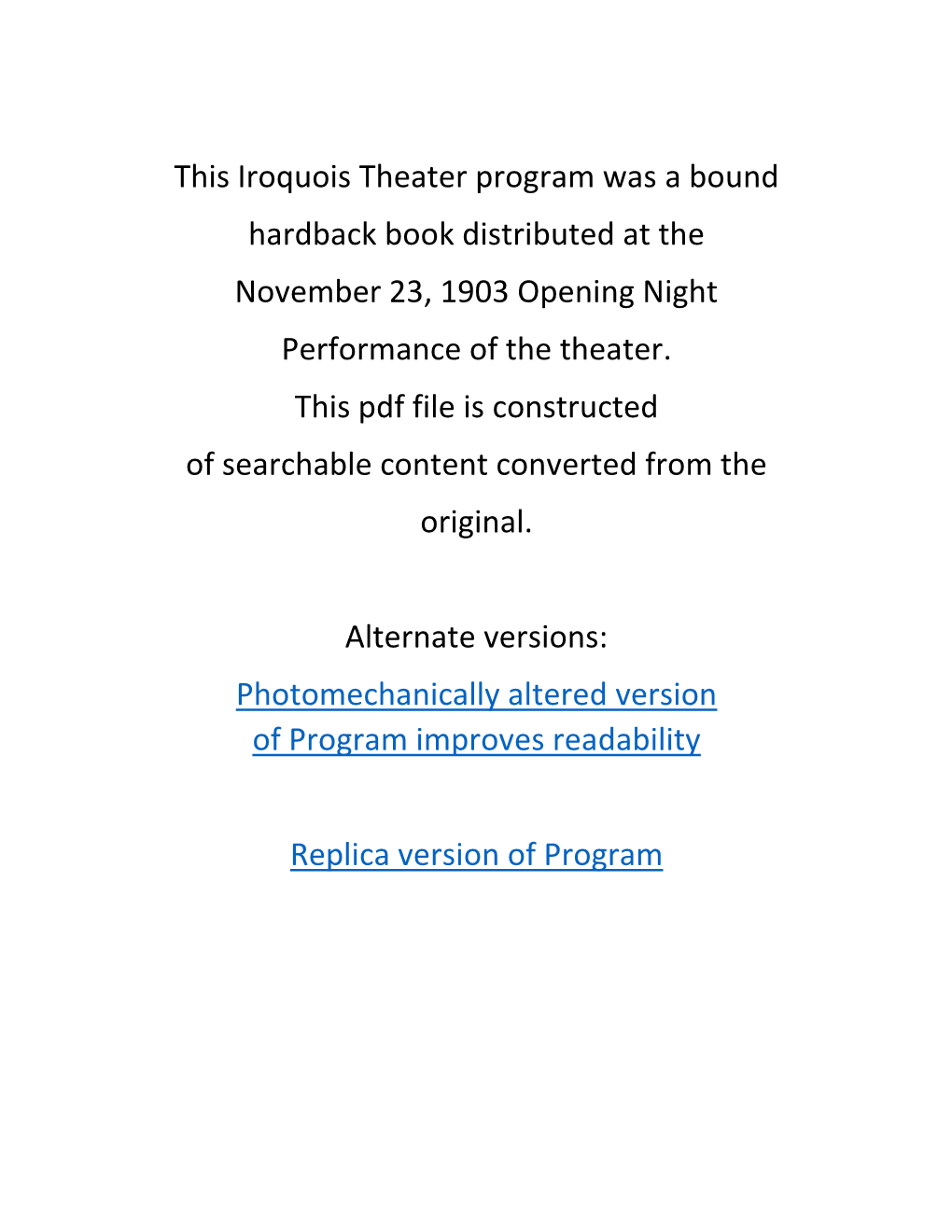 This Iroquois Theater Program Was a Bound Hardback Book Distributed at the November 23, 1903 Opening Night Performance of the Theater