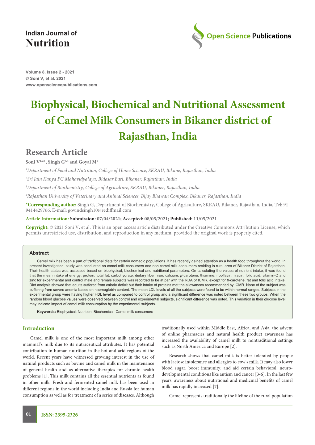 Biophysical, Biochemical and Nutritional Assessment of Camel