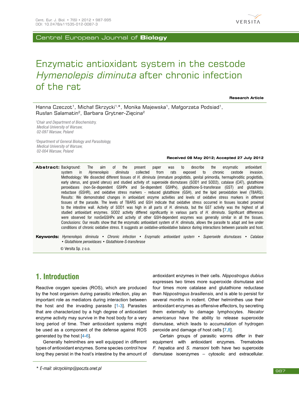 Enzymatic Antioxidant System in the Cestode Hymenolepis Diminuta After Chronic Infection of the Rat