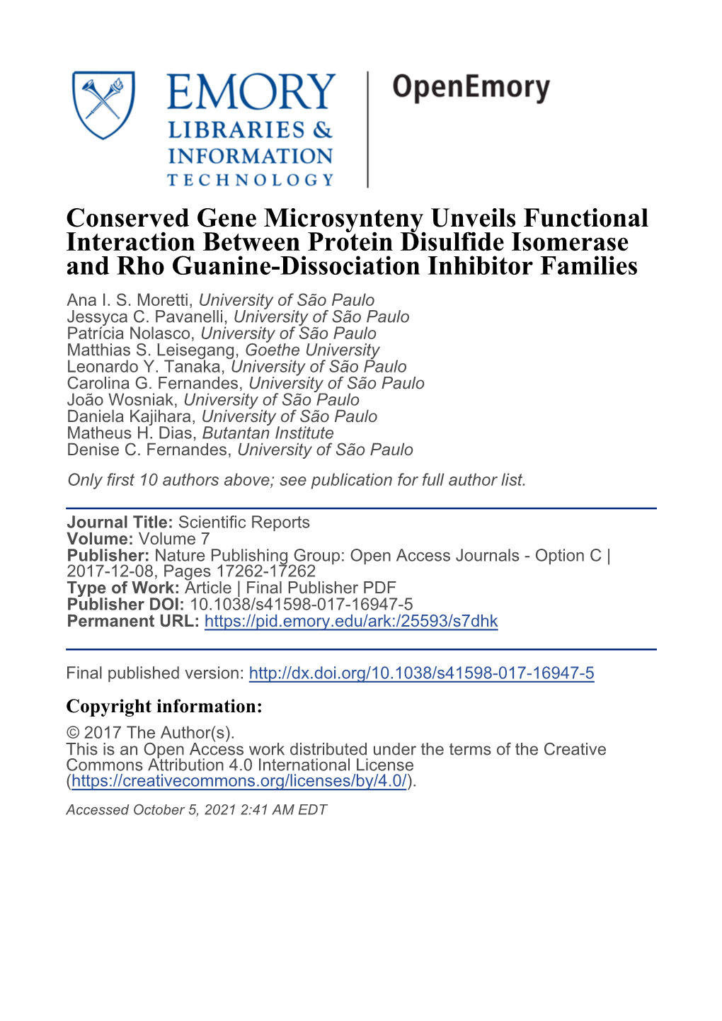 Conserved Gene Microsynteny Unveils Functional Interaction Between Protein Disulfide Isomerase and Rho Guanine-Dissociation Inhibitor Families Ana I